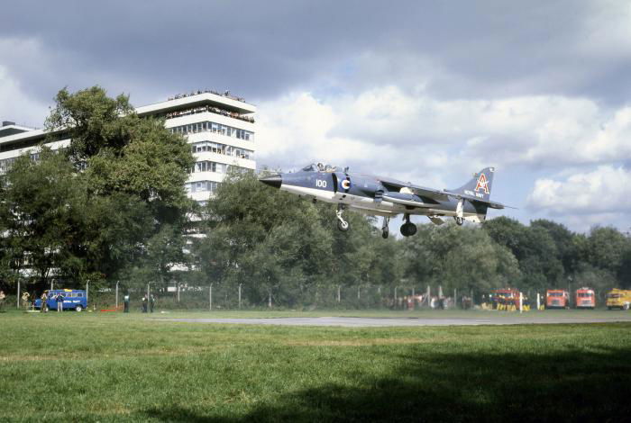Dozens of BBC staff look on as Lt Cdr Nigel ‘Sharkey’ Ward brings Sea Harrier FRS1 XZ451 in to land at Pebble Mill in September 1979.