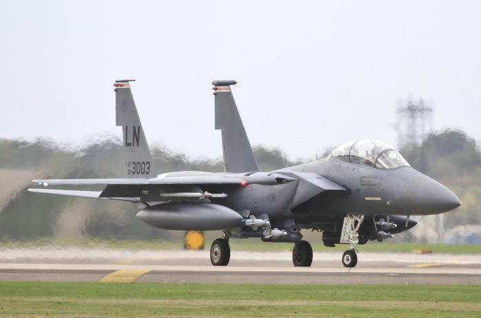 The F-15Es rarely carry any air to ground ordnance, although four 494th FS jets had GBU-16 Paveway II 1,000lb laser-guided training bombs when flying missions to the Donna Nook range in September.