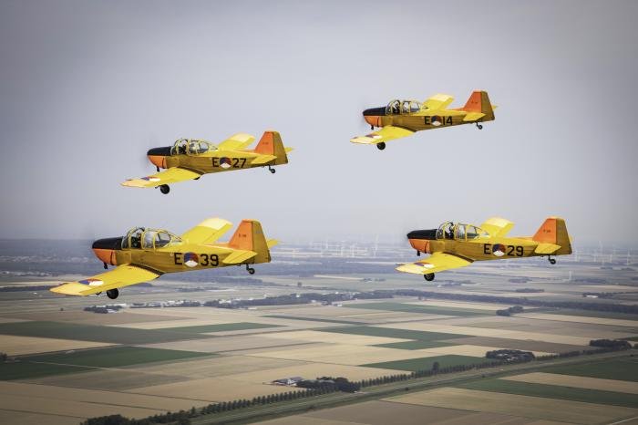The classic four-ship S11 Instructor formation of the Fokker Four, on a sortie out of Lelystad,