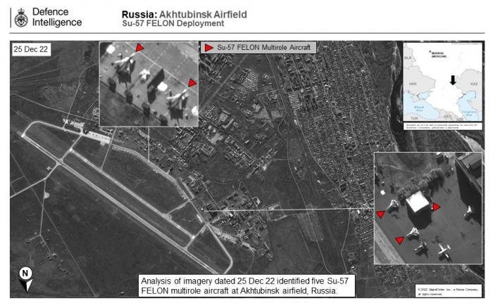The UK MOD published analysed satellite imagery (taken on December 25, 2022) that shows five Sukhoi Su-57 fifth-generation multi-role stealth fighters on the ground at Akhtubinsk Air Base in southwestern Russia as part of its defence intelligence update on the ongoing Ukraine War on January 9.