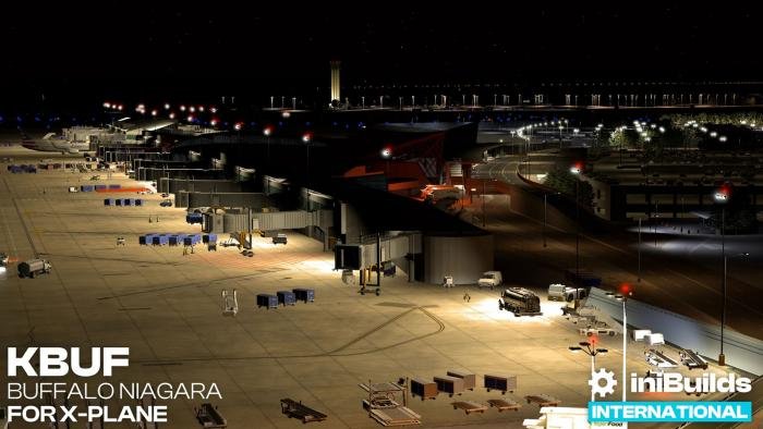 Dynamic night lighting is modelled throughout the airport area.