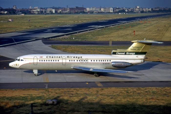 Its golden tail glinting in the morning sun, Trident G-AVYB taxies for take-off from Berlin-Tempelhof in August 1971.