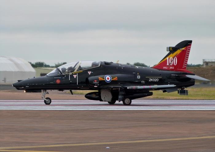 An RAF-operated BAE Systems Hawk T2 (serial ZK020 'K') - belonging to No IV Squadron at RAF Valley in Anglesey, North Wales - lines up on the runway before departing RAF Fairford, Gloucestershire, in July 2015.