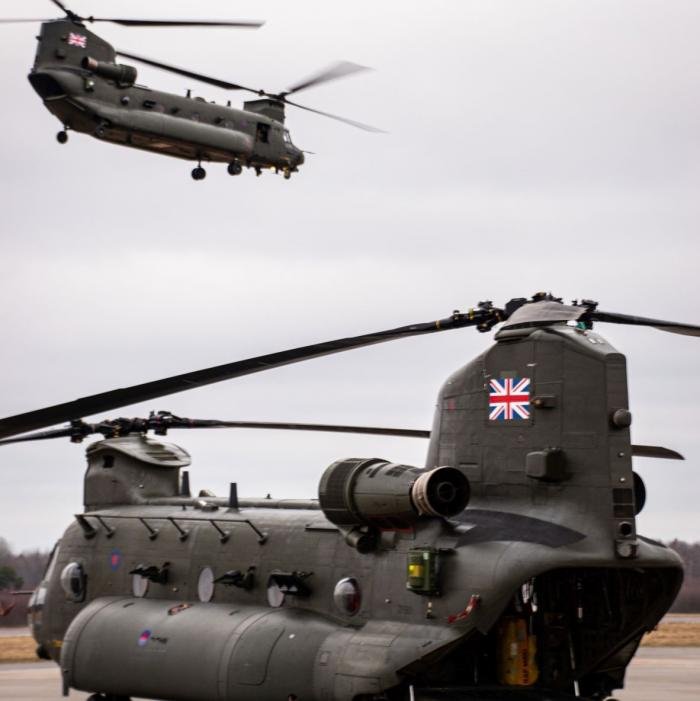 Two RAF Boeing CH-47 Chinooks can be seen on operation PELEDA at Amari Air Base in Estonia