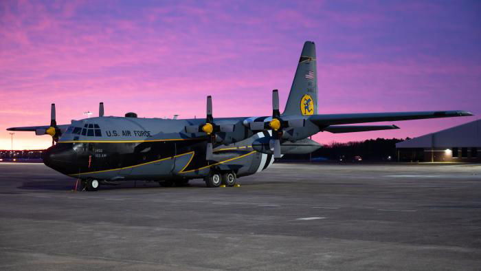 Lockheed C-130H Hercules (serial 93-1456) of the 118th AS 'Flying Yankees' is seen on the ground at Bradley ANGB, sporting its new commemorative livery to celebrate the 100th anniversary of the 103rd AW as dawn breaks over Connecticut on January 18, 2023.