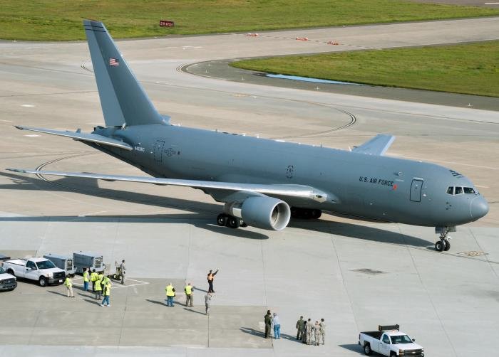 A Boeing KC-46A Pegasus tanker arrives at Travis AFB, California, on March 7, 2017. The USAF has received 68 KC-46As to date.