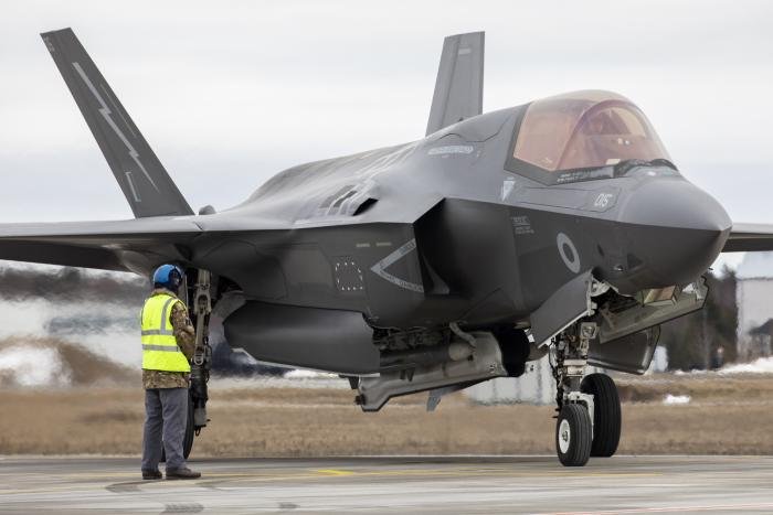 Lockheed Martin F-35B Lightning II (serial ZM419 '015') of the RAF's No 617 Squadron 'The Dambusters' is seen on the ground shortly after arriving at Ämari Air Base in Estonia to support NATO's Enhanced Vigilance Activity operations in Eastern Europe on March 7, 2022.