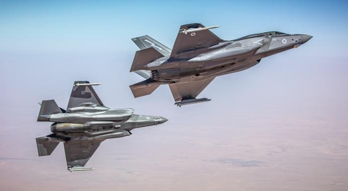 Two F-35B Lightning IIs from the RAF's No 617 Squadron 'The Dambusters' carry out the type's first mission in support of Operation Shader from HMS Queen Elizabeth (R08) on June 20, 2021.