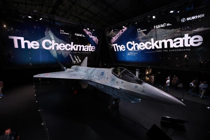 The mock-up of the Sukhoi 'Checkmate' light fifth-generation fighter during its unveiling on the first day of MAKS 2021 at Zhukovsky International Airport, Moscow, on July 20, 2021.
