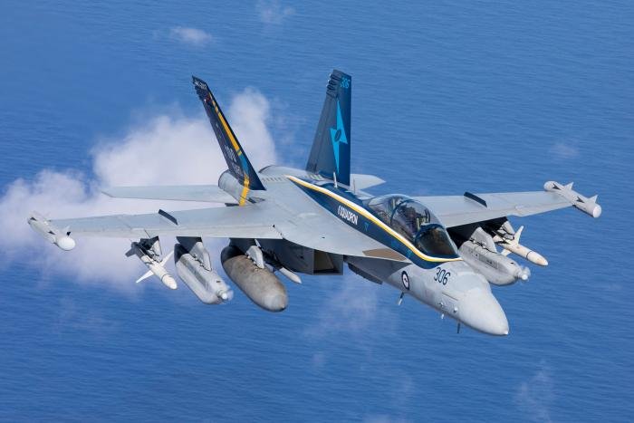 An RAAF-operated EA-18G Growler (serial A46-306) - assigned to No 6 Squadron at RAAF Base Amberley, Queensland - conducts an air-to-air formation flying training sortie off the coast of southeast Queensland on December 7, 2021.