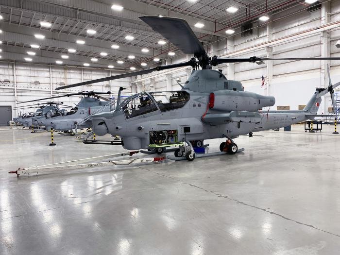 Three of the remaining six AH-1Z Vipers gunships to be delivered to Bahrain are seen in a hangar at Bell's Amarillo Assembly Center in Texas. These aircraft are now being prepared for shipment to the country.