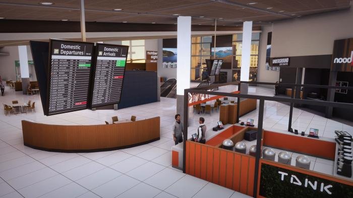 The terminal interior is modelled with live departure gates.