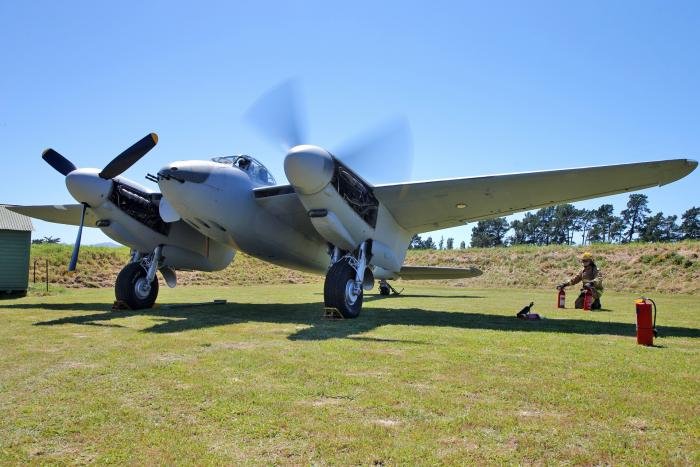 The ex-John Smith Mosquito FBVI, NZ2336, engine-running at Omaka during April 2022.