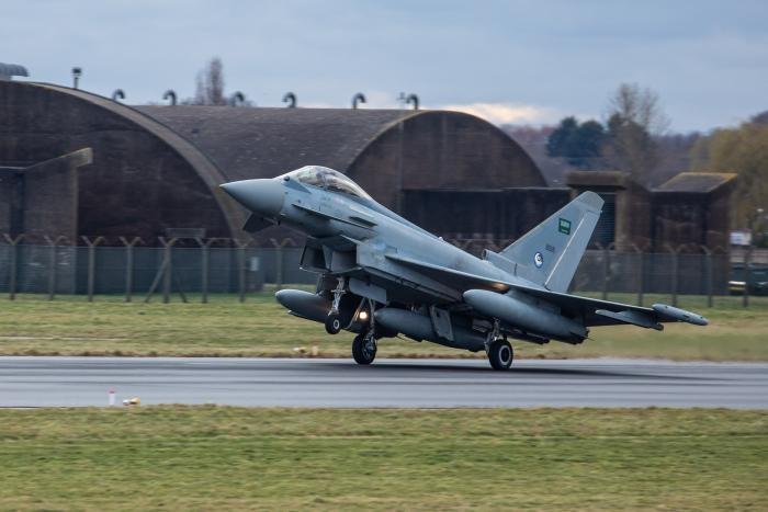 A Royal Saudi Air Force Typhoons touches down at RAF Coningsby yesterday.