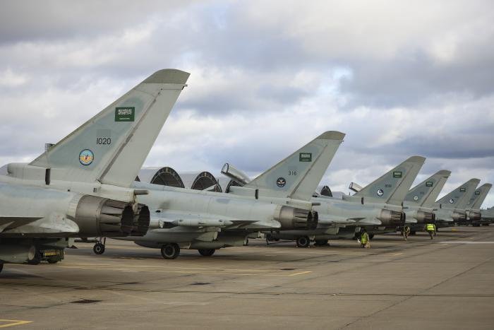 All six of the Royal Saudi Air Force Typhoons taking part in Exercise Cobra Warrior 23-1 lined up at RAF Coningsby.