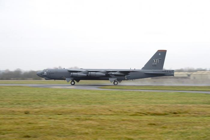 A B-52 Stratofortress from Minot Air Force Base, N.D., takes off from RAF Fairford, England for a mission in support of bomber assurance and deterrence operations.