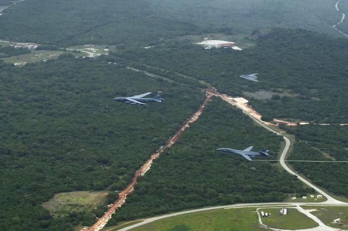 An Iconic image of the B-1B, B-2A, and B-52H in formation.
