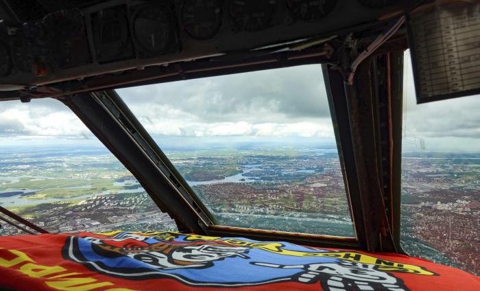An inside view of the Historic low-level flight of the B-52 over Stockholm, Sweden.