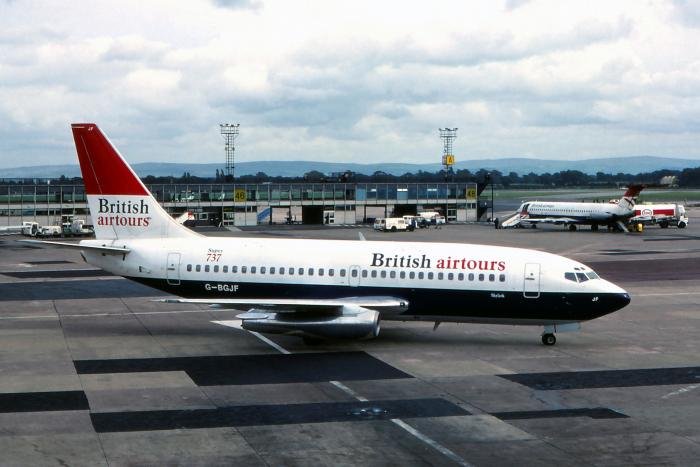G-BGJF (c/n 22027), sistership to the ill-fated jet, is pictured on the apron in Manchester in September 1980. A British Airways BAC One-Eleven is also visible in the background