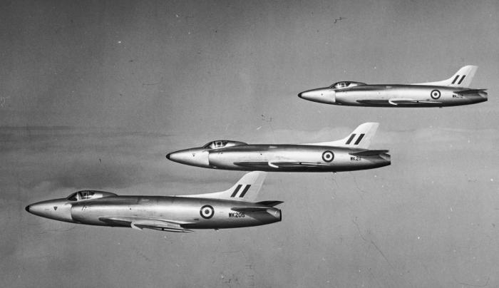 A trio of Supermarine Swifts F.1s – they operated from West Raynham with the Air Fighting Development Squadron in 1954