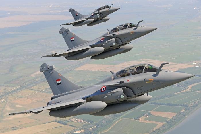 A trio of Egyptian Air Force Dassault Rafale DMs in formation