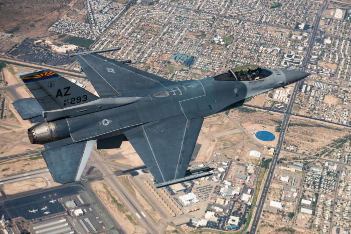 An F-16C Fighting Falcon assigned to the Arizona ANG's 162nd Wing soars over Tucson, Arizona, during a training mission. While Ukrainian Air Force pilots are currently at Morris ANGB, they are only using simulators to assess their training needs.