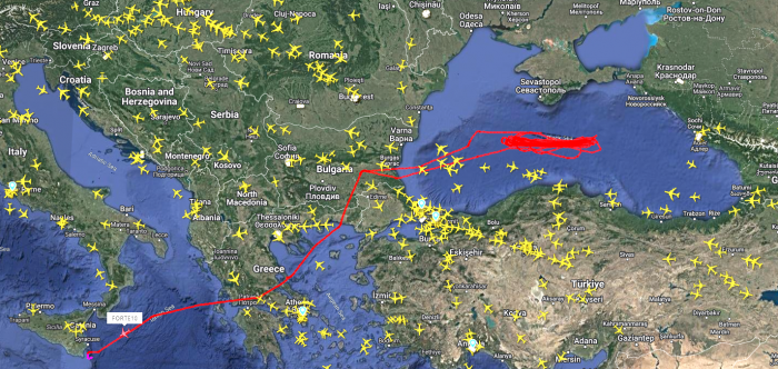 The flight path of USAF RQ-4B (serial 10-2045, callsign 'FORTE10'), which was operating in international airspace over the Black Sea and returned to NAS Sigonella, Sicily, before the MQ-9A incident occurred on March 14, 2023.