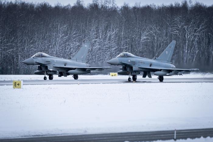 A pair of Typhoons (ZK359 from the RAF and 3144 of the Luftwaffe) on the runway at Amari in Estonia