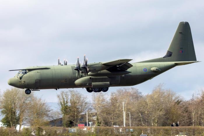 Lockheed Martin C-130J-30 Hercules C4 (serial ZH866) arrives at the Marshall Aerospace and Defence Group’s facility at Cambridge Airport, Cambridgeshire, for disposal after completing its final flight in RAF service on March 20, 2023.