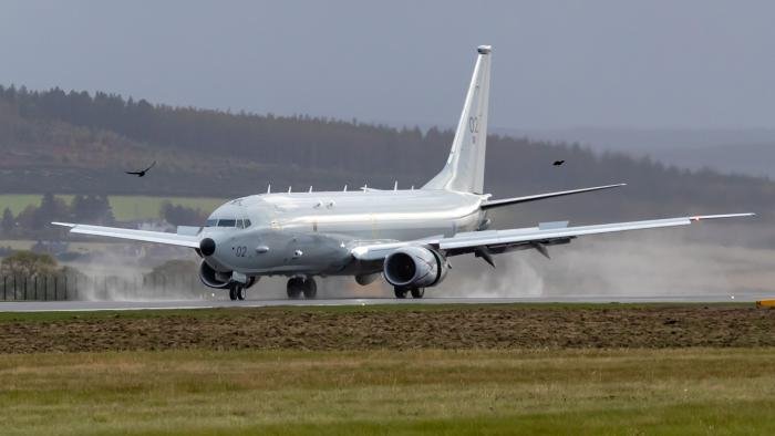 RAF Boeing P-8A Poseidon ZP802 landing at its home base of RAF Lossiemouth