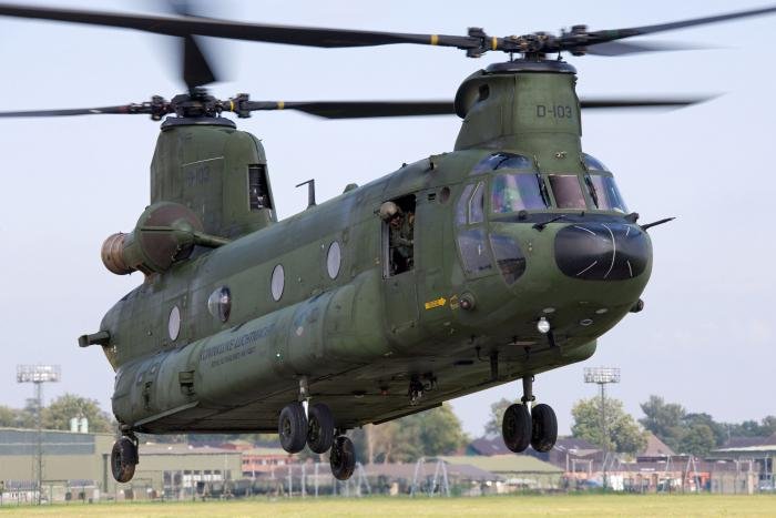 An RNLAF-operated CH-47D Chinook (serial D-103) gets airborne. This aircraft remains in storage with No 298 Squadron at Gilze-Rijen Air Base.