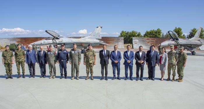 VIPs and dignitaries line up in front of the first pair of upgraded Greek F-16Vs, which arrived at Tanagra AB in Greece on September 12, 2022.