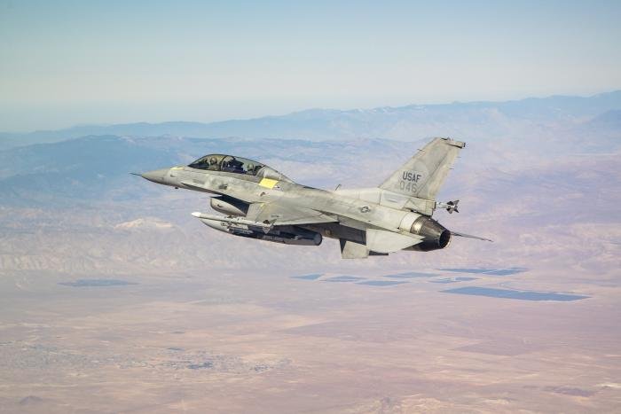 This KF-16D, temporarily assigned to the 416th Flight Test Squadron, is seen over the Precision Impact Range Area on Edwards AFB, California, during a sortie in support of the Korea F-16 Update Program.