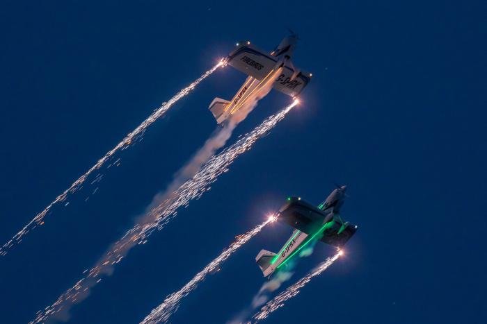 The Firebirds use a pair of Van's Aircraft, G-SPRK (c/n 845) and G-SPRX (c/n 1622), RV-4s with their fireworks and multicoloured LEDs