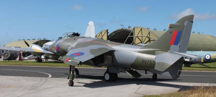 Harrier GR3 XV753 on external display. Behind and at left can be seen Varsity T1 WJ945, one of very few complete surviving examples of this unsung but significant type, which has already undergone one museum move when it was disposed of by IWM Duxford.