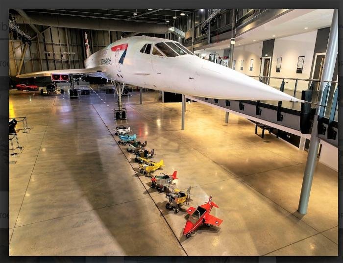 A squadron of ‘low-speed’ pedal planes lined up underneath Concorde at Aerospace Bristol recently