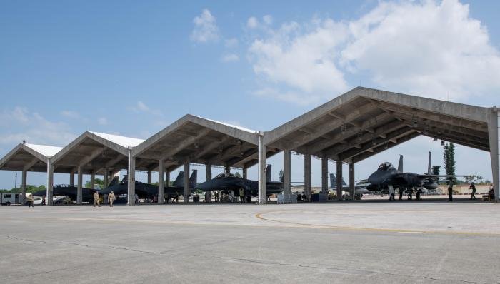 F-15E Strike Eagles parked in the Kadena sun-sheds