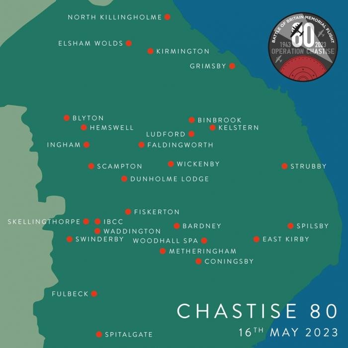 PA474 will fly over 27 sites across Lincolnshire as part of its Bomber Command base tour on May 16 to honour Operation Chastise