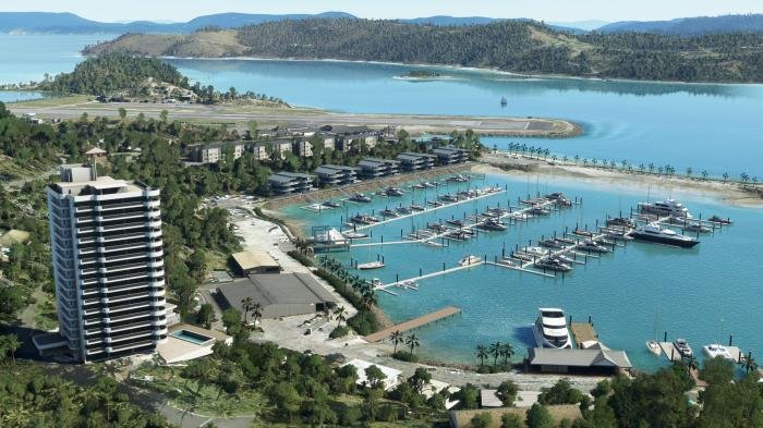 The holiday resort and marina are accurately modelled.