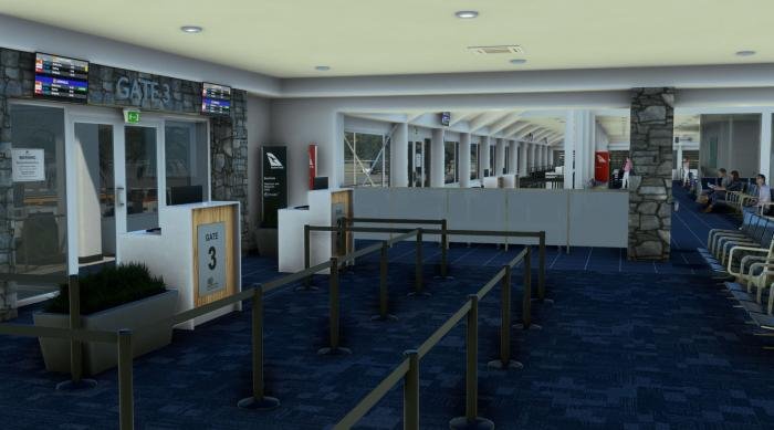 The terminal interior features 3D passengers.