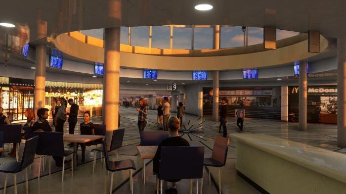 The terminal boasts interior modelling with 3D passengers.