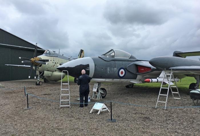 Work begins on the Newark Air Museum's Sea Vixen during early May, with the Gannet alongside.