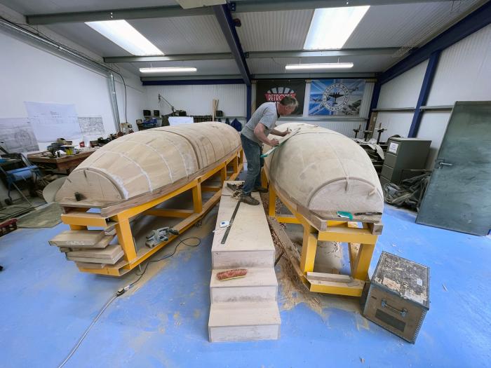 The two fuselage moulds for The People’s Mosquito project at the Retrotec workshop during May.