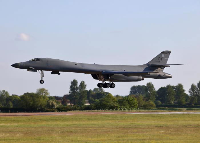 Rockwell B-1B Lancer (serial 85-0064 'DY', callsign 'SPICY41') arrives at RAF Fairford, Gloucestershire, after completing a near 20-hour BTF mission over Europe on May 25, 2023.