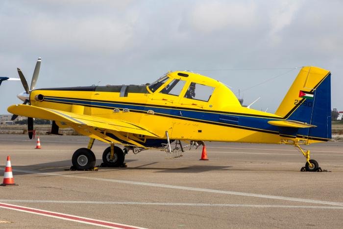 The RJAF's new AT-802 Air Tractor (serial 2560) on the ground at Malta International Airport in Luqa, Malta, on May 23, 2023. Unlike the rest of the RJAF's AT-802i fleet, this aircraft sports a yellow/dark blue livery and is fitted with aerial firefighting/agricultural equipment.
