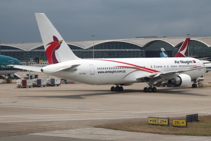 P2-PXW, seen here at Hong Kong International Airport in April 2018, is one of two 767s currently in use by Air Niugini.