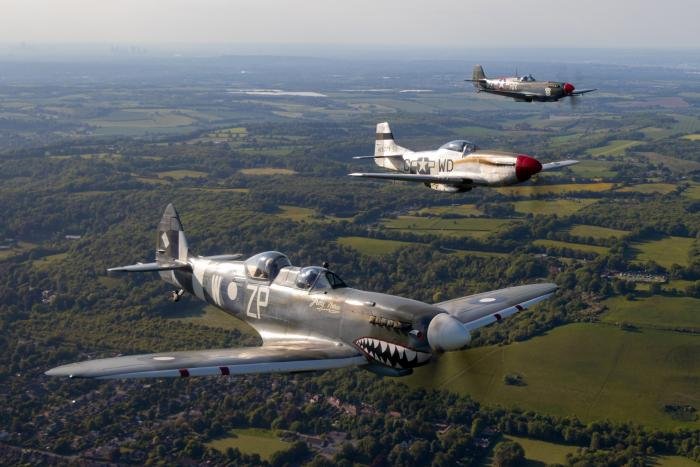Unforgettable – two Spitfires and Mustang in formation