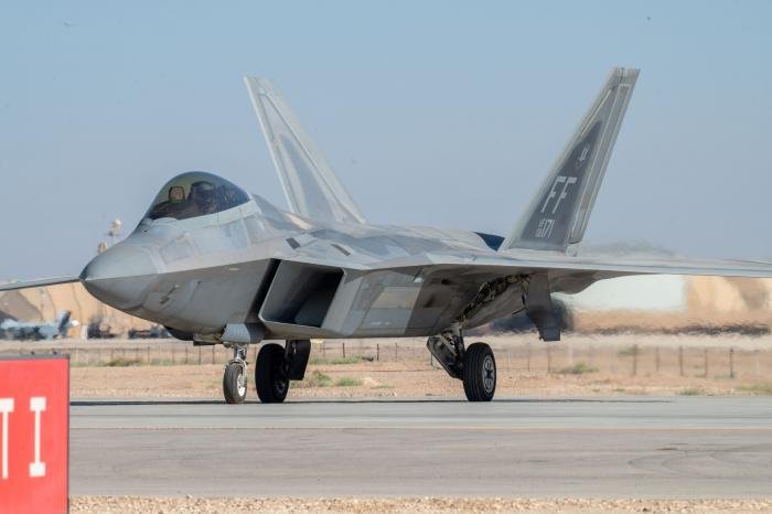 Lockheed Martin F-22A Raptor (serial 08-4171 ‘FF’) of the USAF’s 94th FS ‘Hat in the Ring’ – a component of the 1st Operations Group at Joint Base Langley-Eustis, Virginia – taxis onto the runway at an undisclosed location in CENTCOM’s AOR after deploying to the region June 12, 2023.