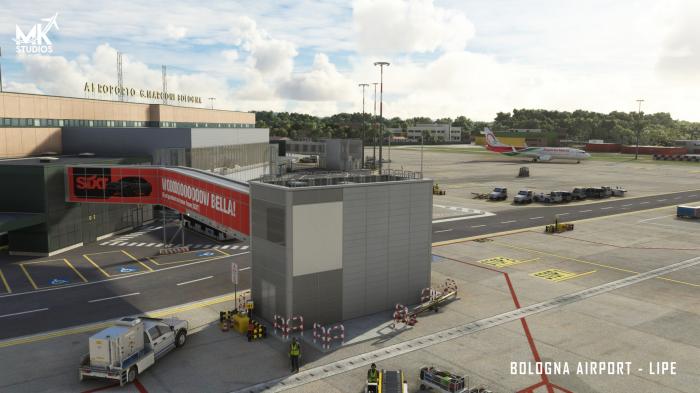 Service vehicles and equipment are placed on the apron.