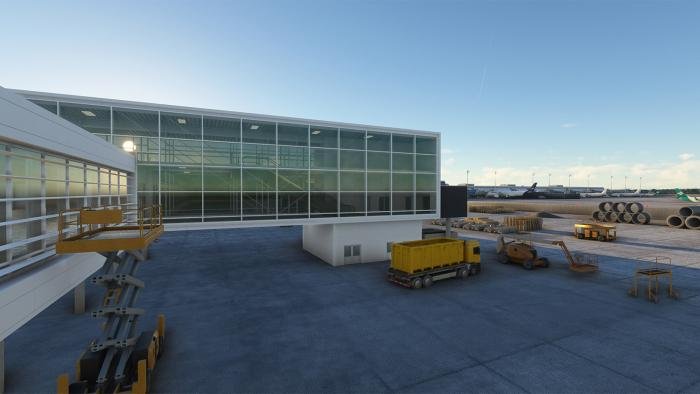 The package features airport buildings with airside interiors and ground service equipment on the apron.